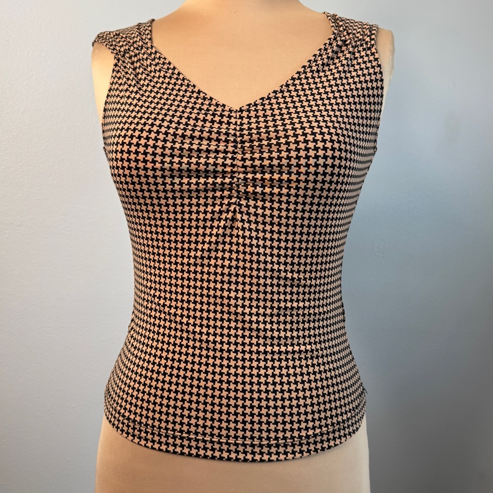 BCBGMaxAzria Houndstooth V-Neck Top Black Tan Toffee BCBG Max Azria Vintage XS - Picture 2 of 9